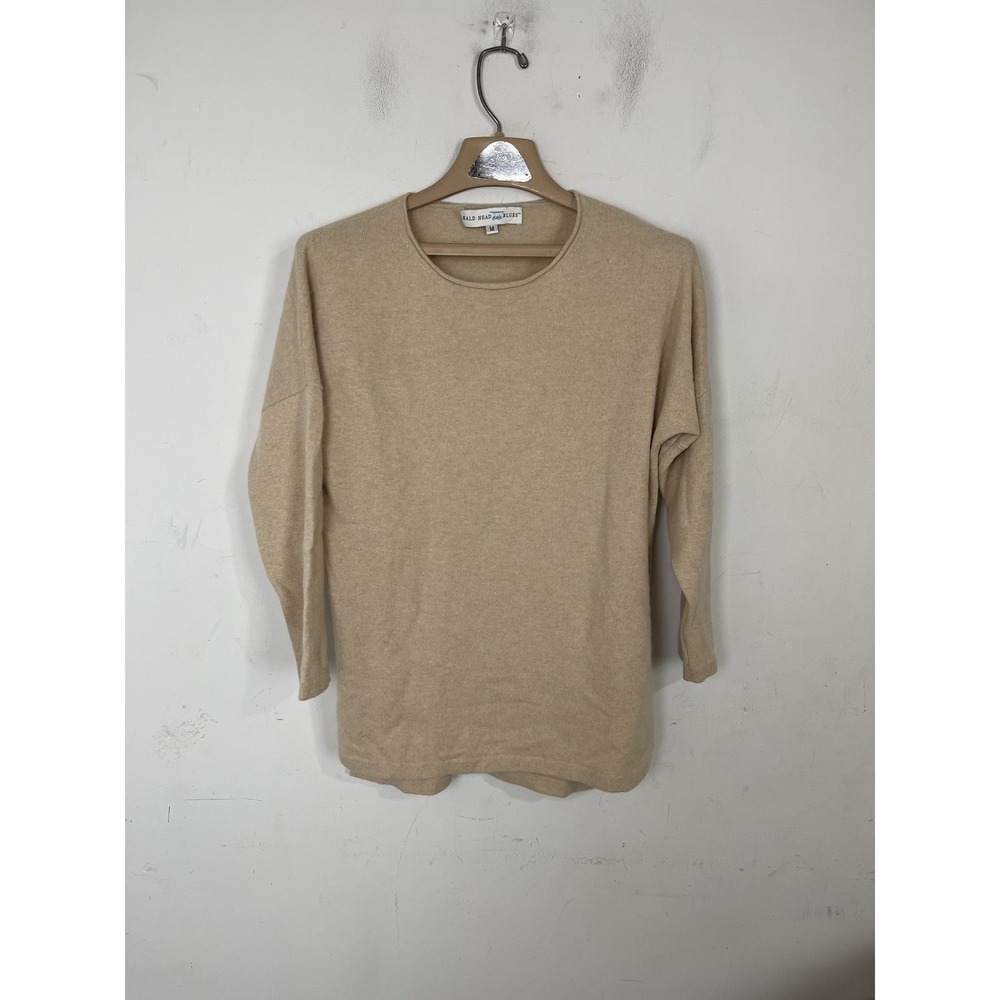 Bald Head Blues womens M 100% Cashmere Crew Neck‎ Sweater Tan Beige Long Sleeve